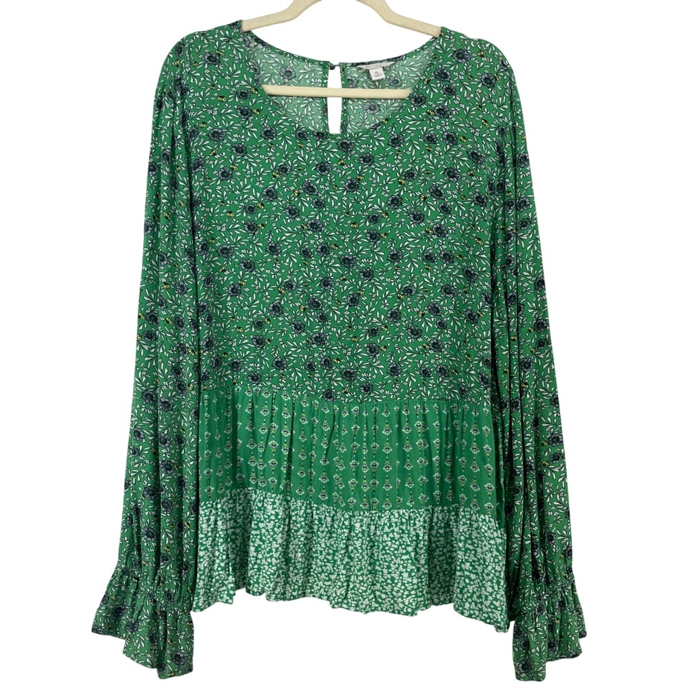 Est. 1946 Size XL Babydoll Top Green Floral Mixed Print Ruffle Sleeve Womens